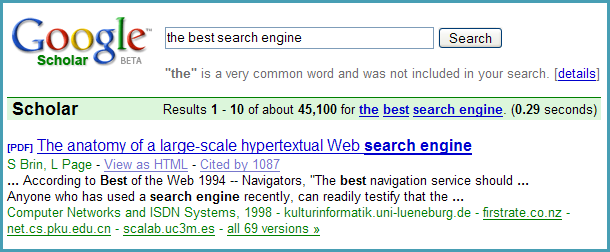 Google Scholar results for the query 'The best search engine'